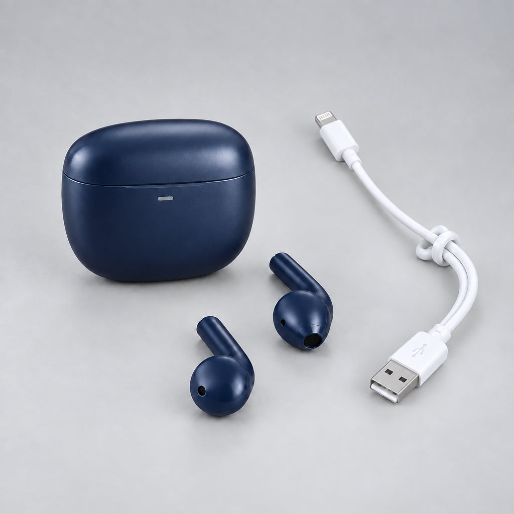 A pair of dark blue wireless earbuds with their charging case, one earbud still wrapped in protective plastic, and a white USB charging cable on a plain off-white surface.