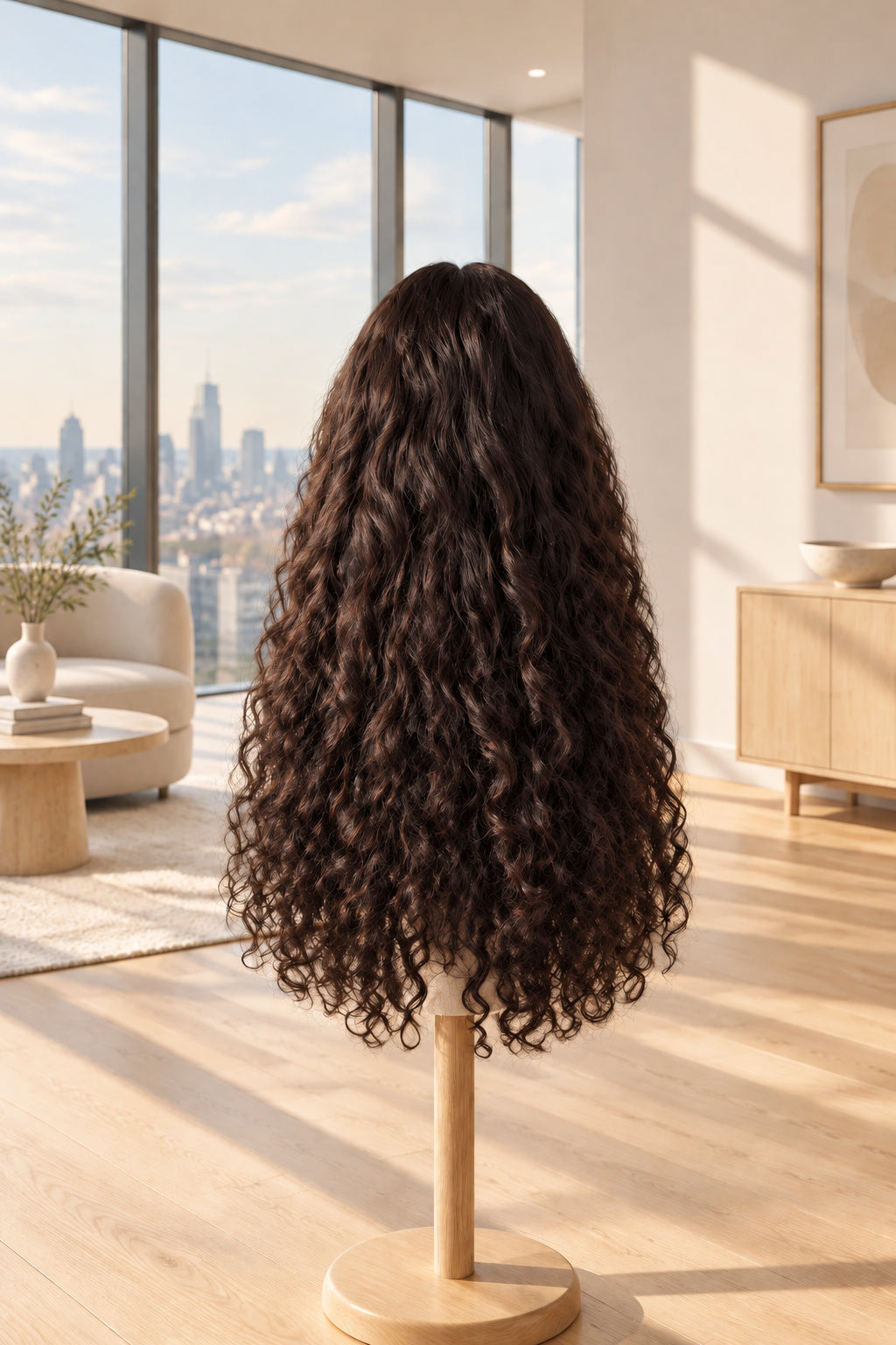A long, dark brown to black curly wig displayed on a wooden stand against a white textured tiled wall.