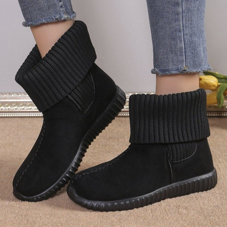 Women's Flat Ankle Boots with Knitted Detail