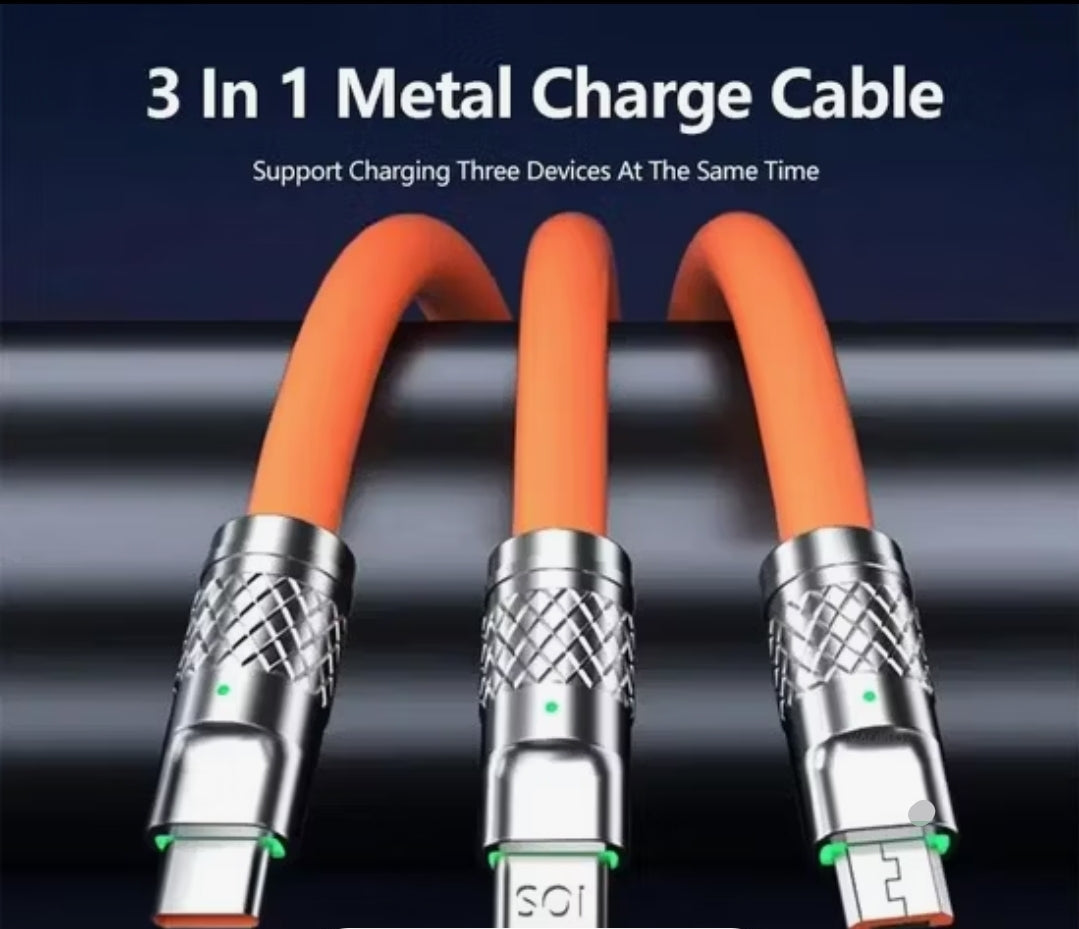 A 3-in-1 metal USB-C charging cable with three orange cables and silver metal connectors, shown against a dark background with promotional text.