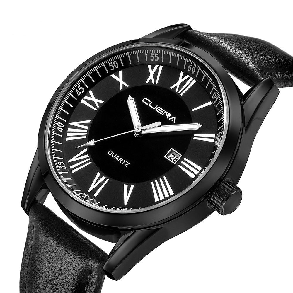 Men's Leather-Strap Quartz Watch