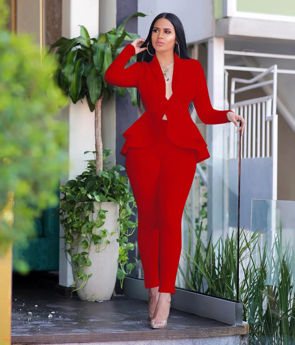 Women's Ruffle Top & Fitted Pants Set
