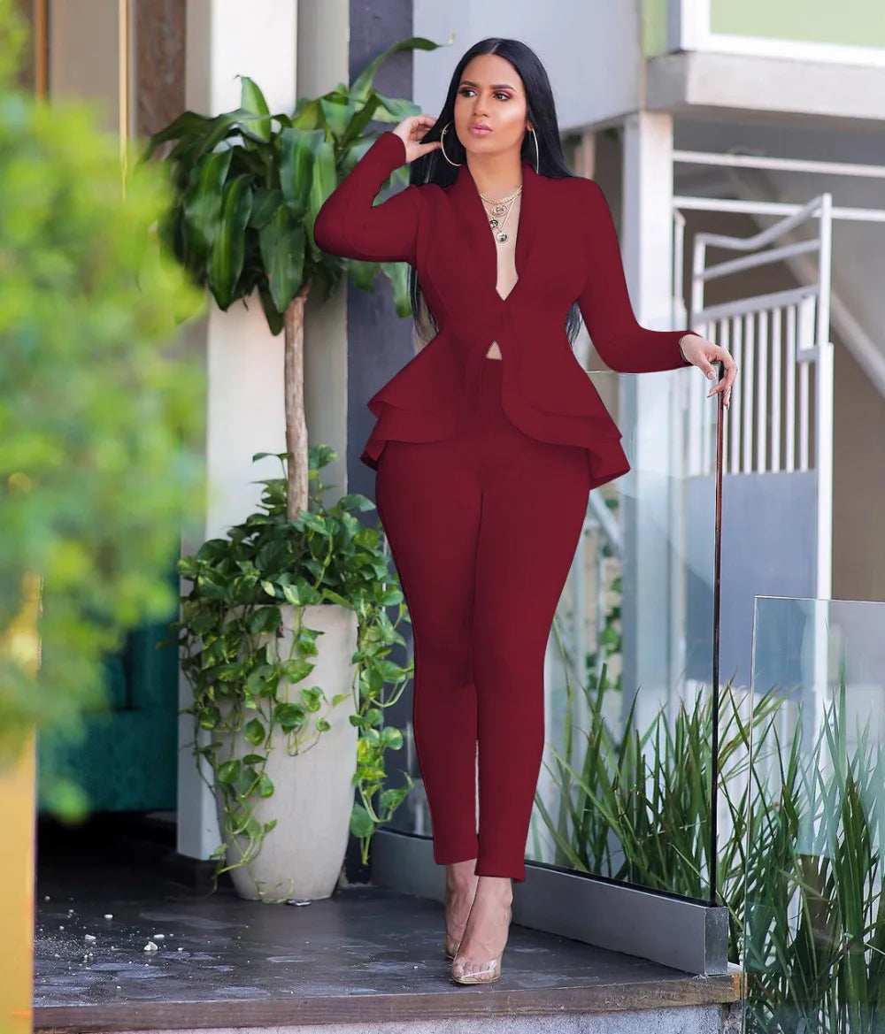 Women's Ruffle Top & Fitted Pants Set