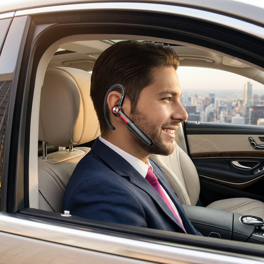 Man wearing a Bluetooth earpiece in a car