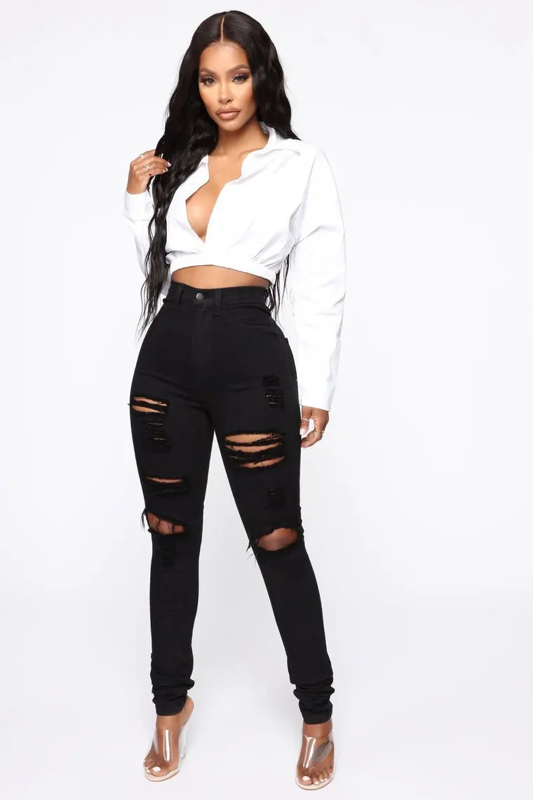 Women's High-Waist Ripped Pencil Jeans — product view