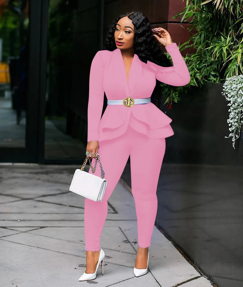 Women's Ruffle Top & Fitted Pants Set