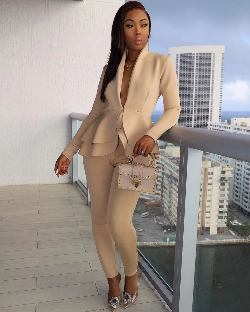 Women's Ruffle Top & Fitted Pants Set