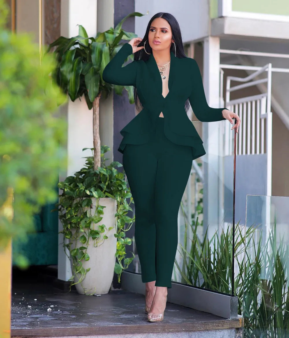 Women's Ruffle Top & Fitted Pants Set
