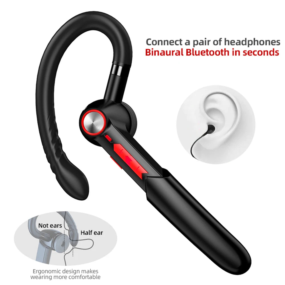 Black and red Bluetooth headset with ergonomic design illustration on a white background