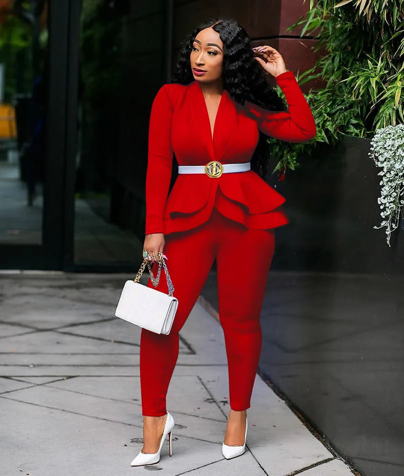 Women's Ruffle Top & Fitted Pants Set