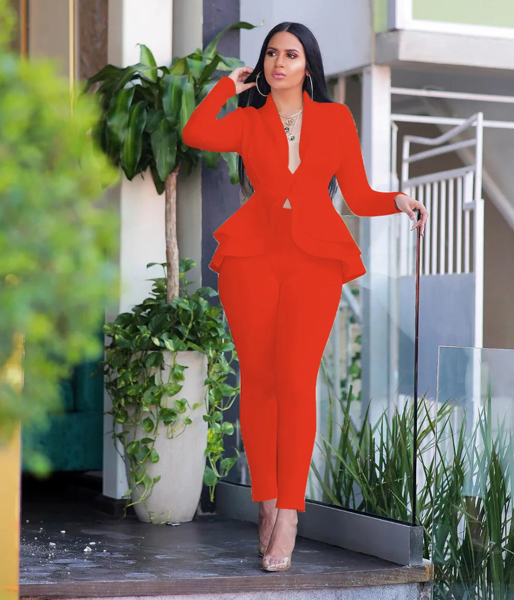 Women's Ruffle Top & Fitted Pants Set