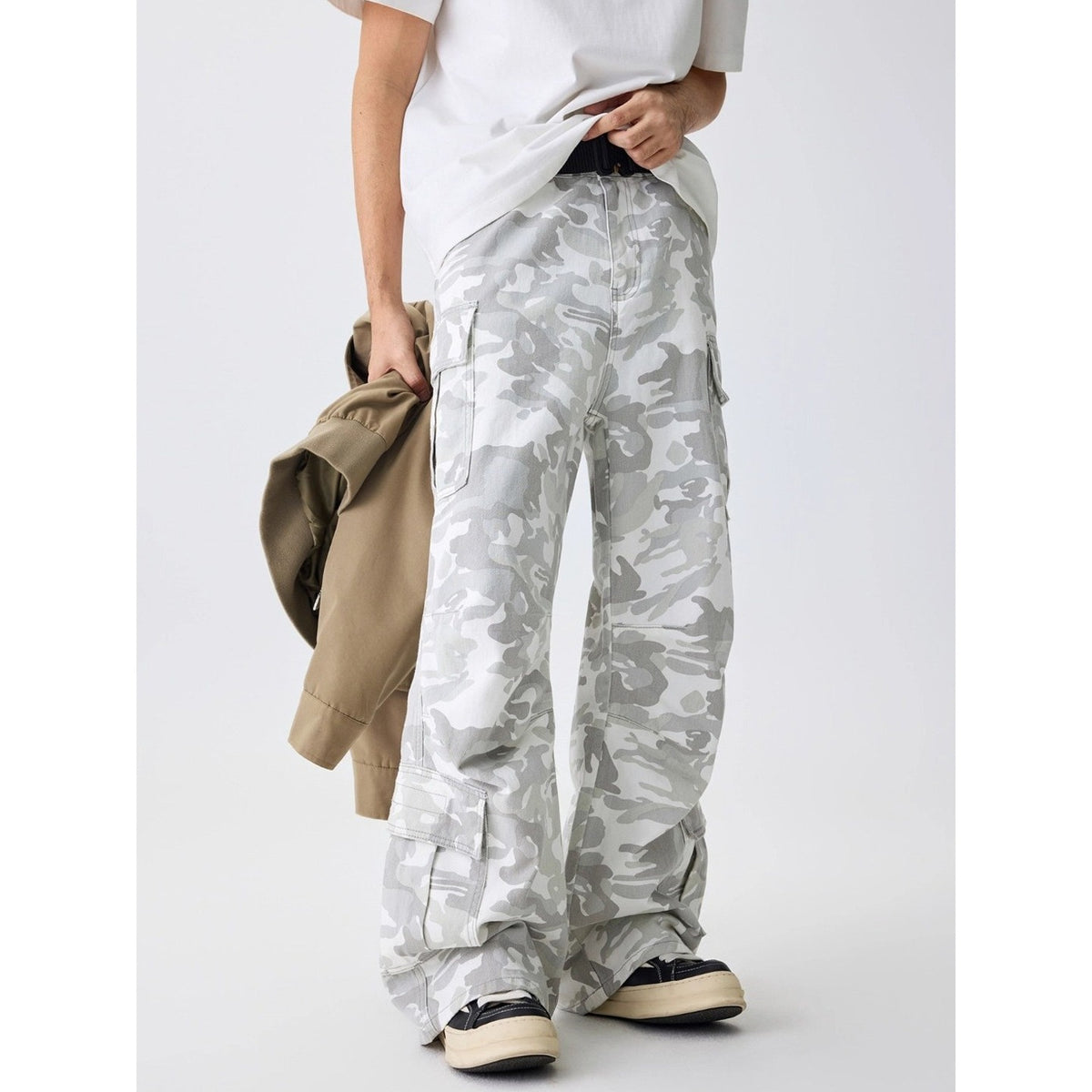 Unisex White Camouflage Wide-Leg Cargo Pants