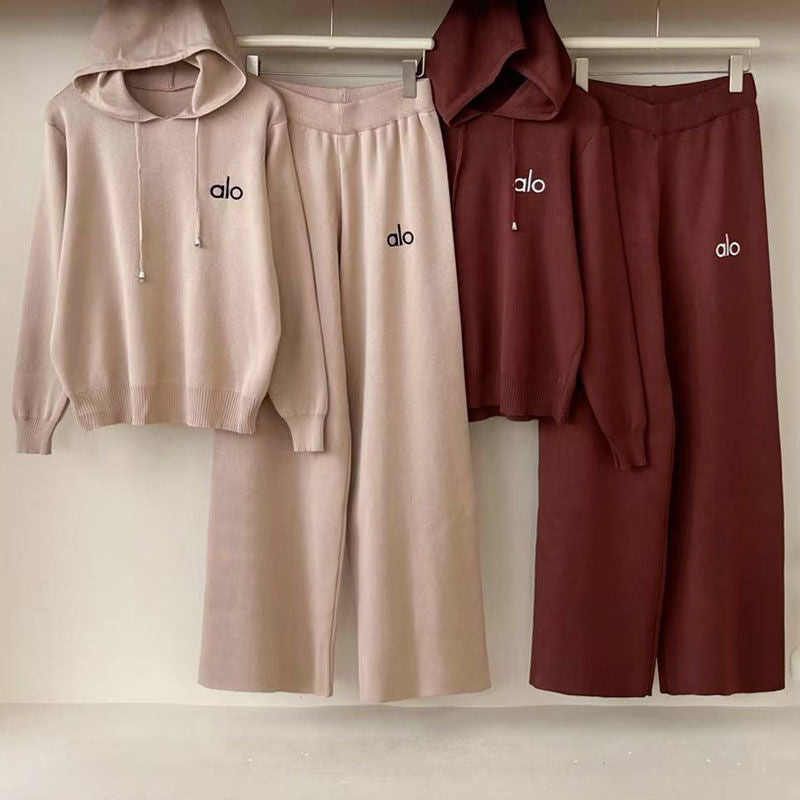 Women's Hooded Knit Top & Wide-Leg Pants Set