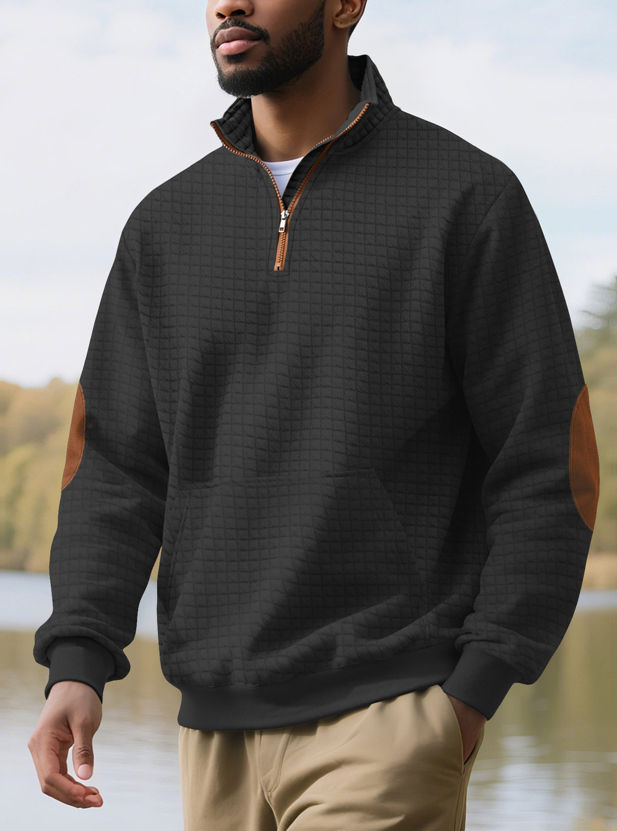 Men's Square-Jacquard Zip-Neck Sweatshirt
