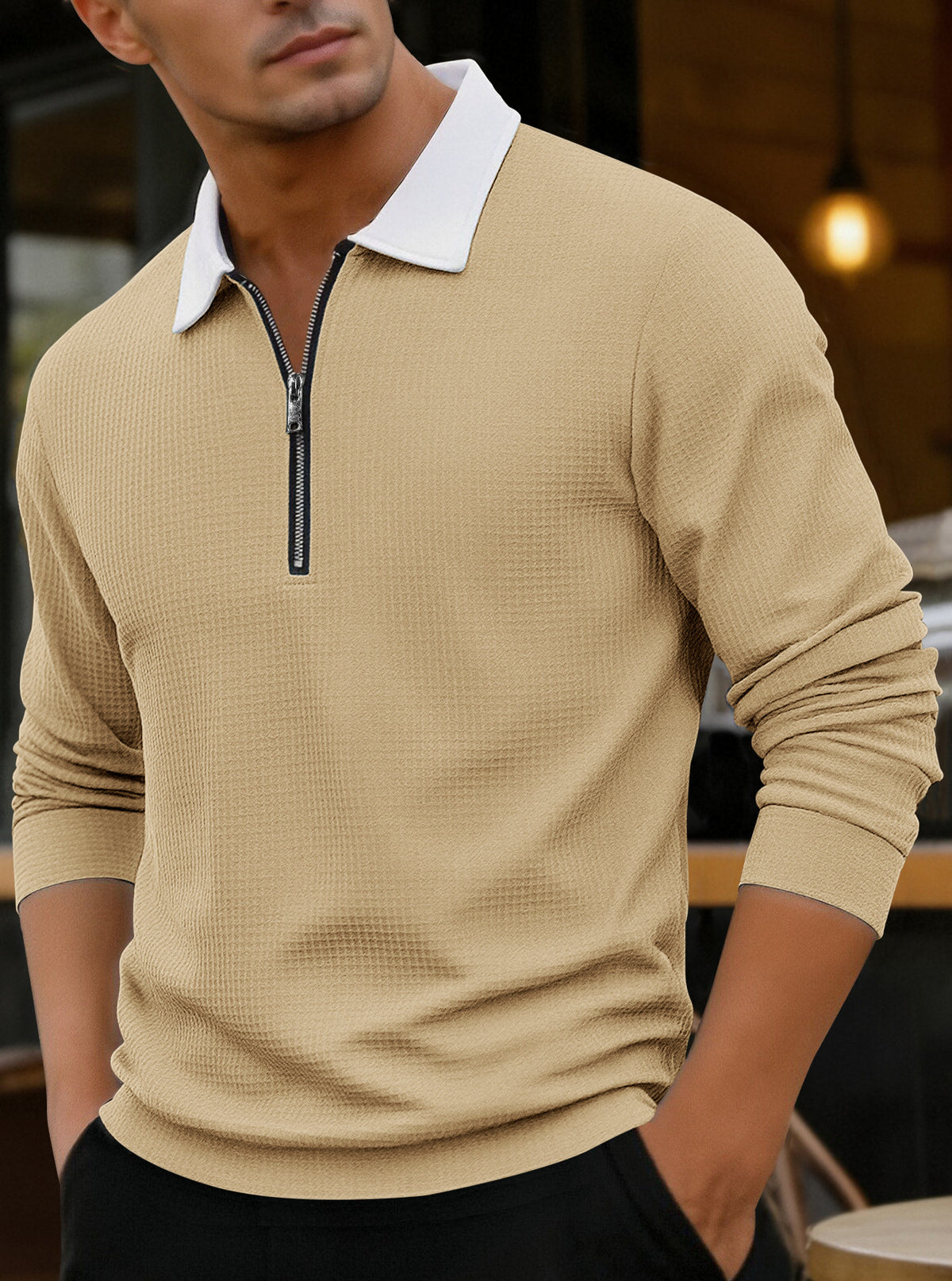 Men's Waffle-Knit Zip-Neck Polo Shirt