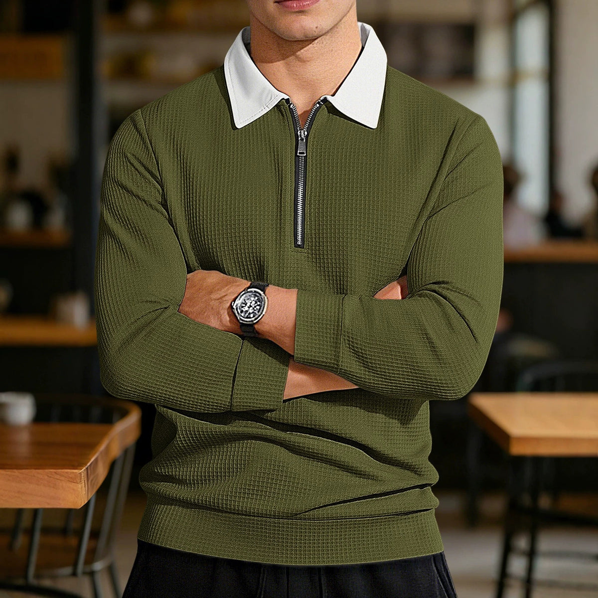 Men's Waffle-Knit Zip-Neck Polo Shirt
