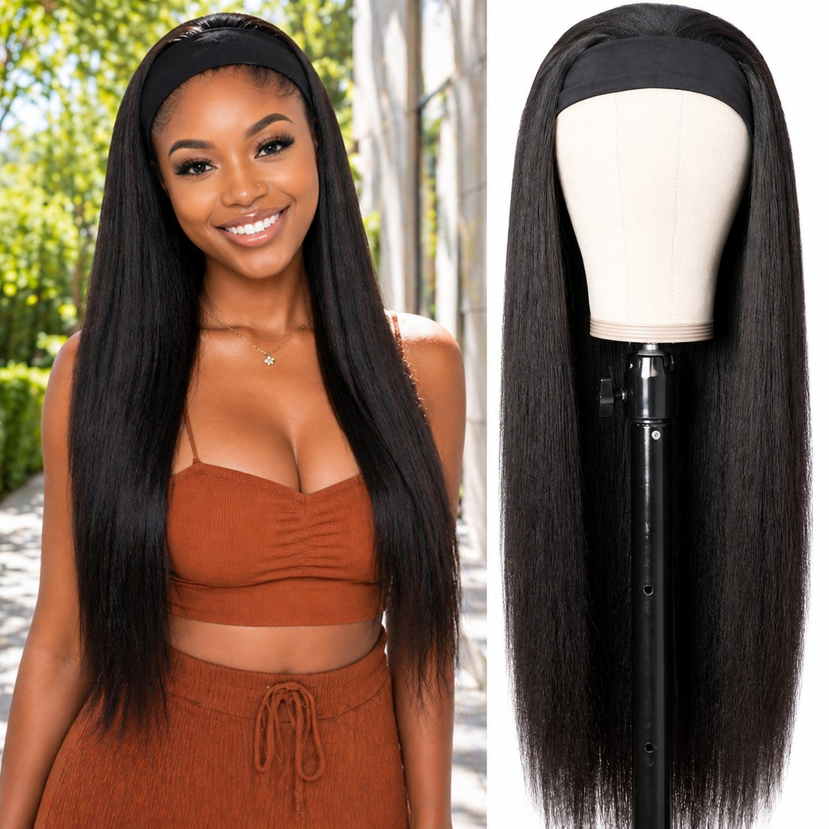 Perruque bandeau longue et lisse noire, 16–34 pouces