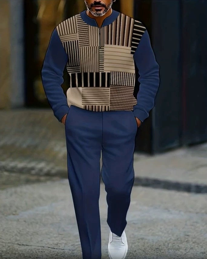 Men's Patterned Half-Zip Top and Pants Set