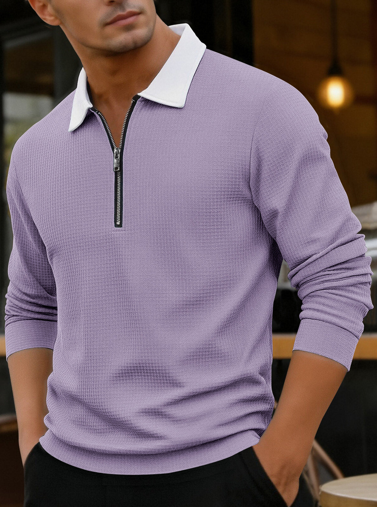 Men's Waffle-Knit Zip-Neck Polo Shirt