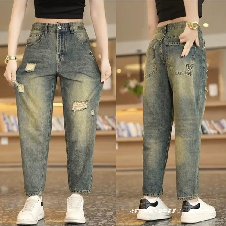 Vintage-Wash Distressed Straight-Leg Jeans