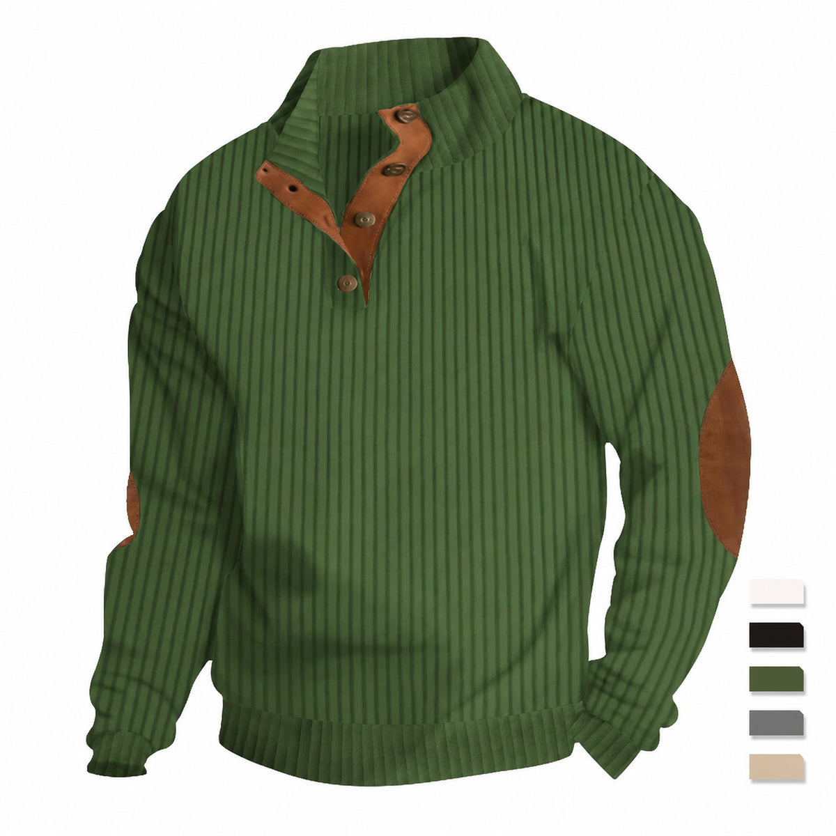 Green ribbed Henley sweater with contrast elbow patches and colour swatches