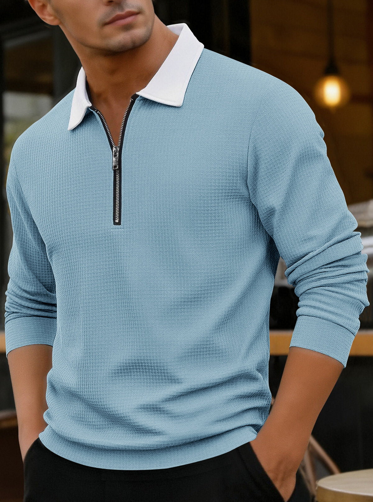 Men's Waffle-Knit Zip-Neck Polo Shirt