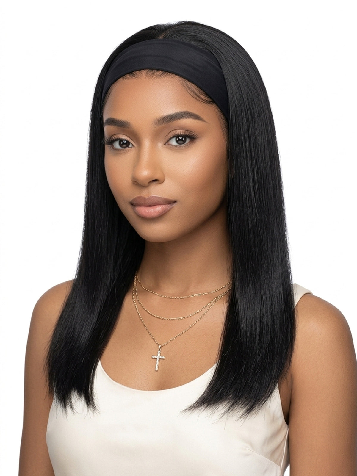Perruque bandeau longue et lisse noire, 16–34 pouces