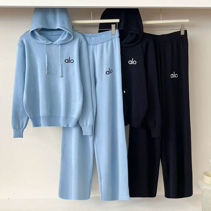 Women's Hooded Knit Top & Wide-Leg Pants Set