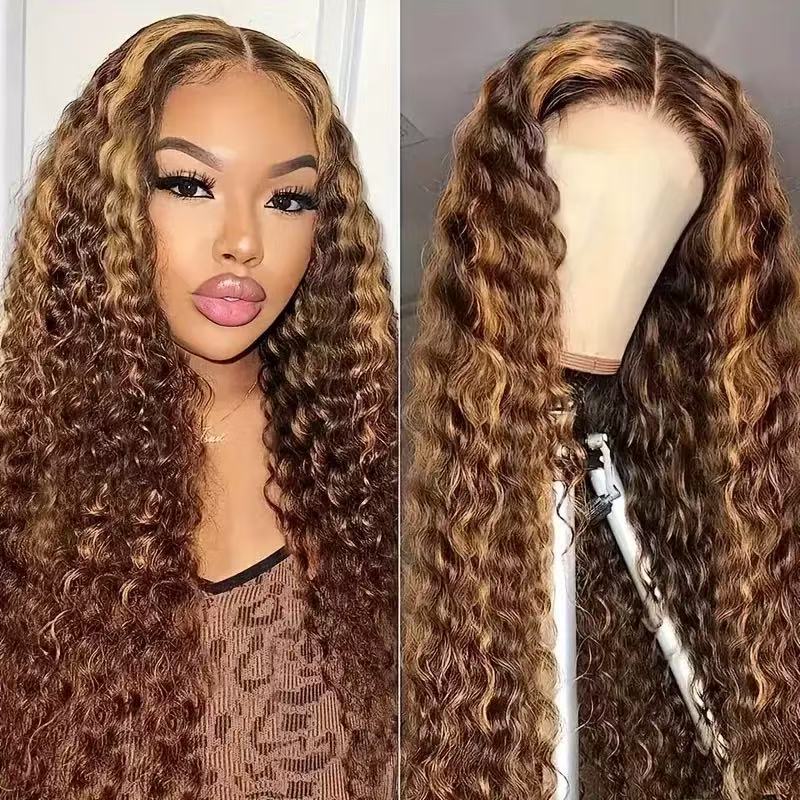 Curly hair wig on a mannequin head and a model with the wig.