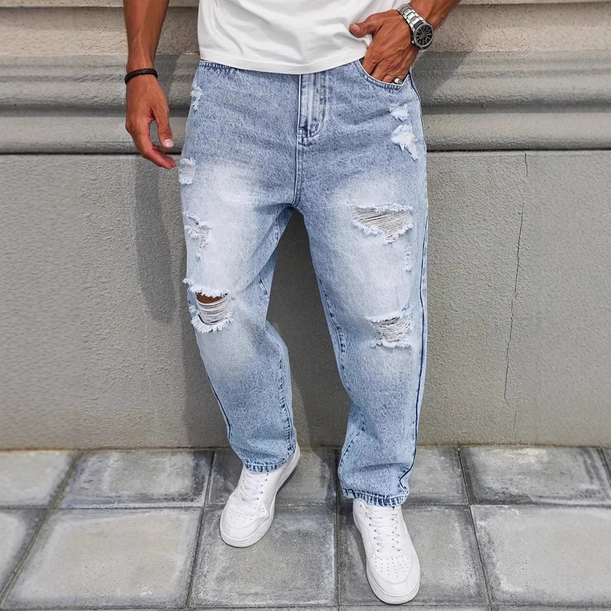 Men's Light Blue Distressed Straight-Leg Jeans