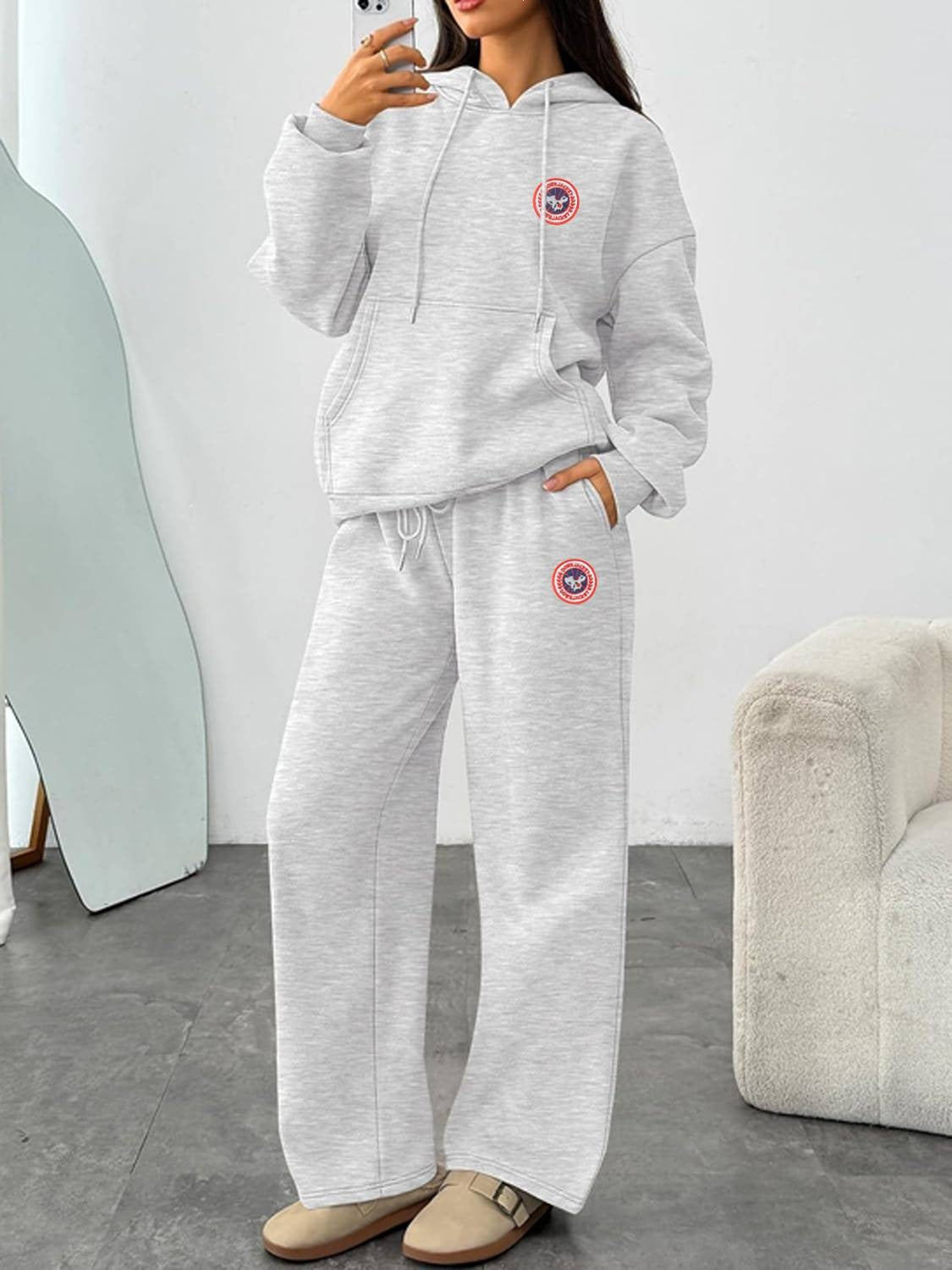 Gothic-Print Hoodie and Wide-Leg Pants Set