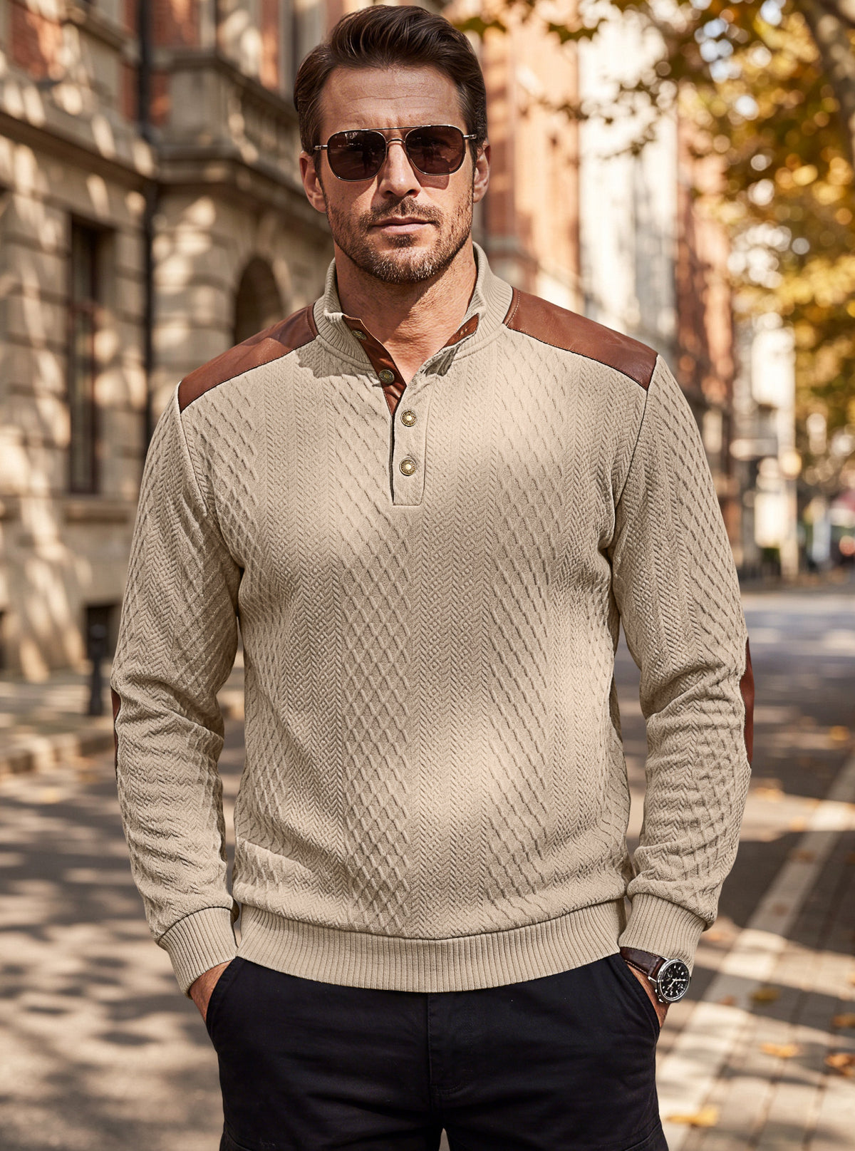 Men's Textured Panel Long-Sleeve Pullover