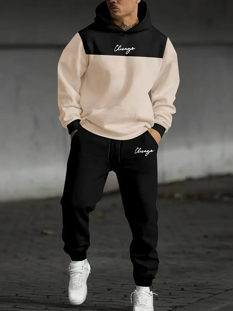 Men's Colour-Block Graphic Hoodie and Pants Set