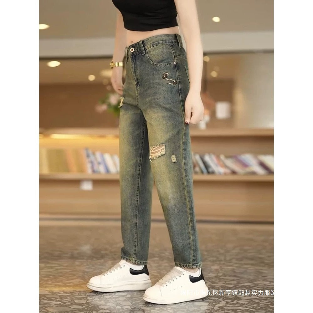 Vintage-Wash Distressed Straight-Leg Jeans