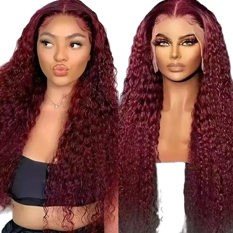 A split-screen comparison showing a model and a mannequin wearing a long, deep burgundy curly wig with a lace front. The left side shows the model posing with the wig, and the right side shows a close-up of the wig on a mannequin head against a gray background.