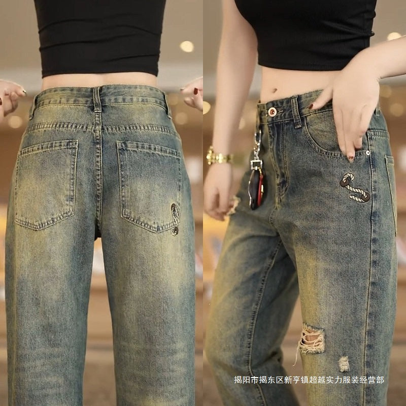 Vintage-Wash Distressed Straight-Leg Jeans