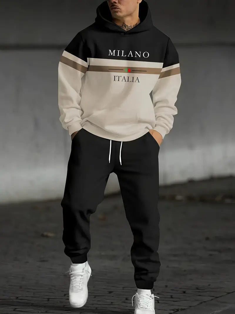 Men's Colour-Block Graphic Hoodie and Pants Set