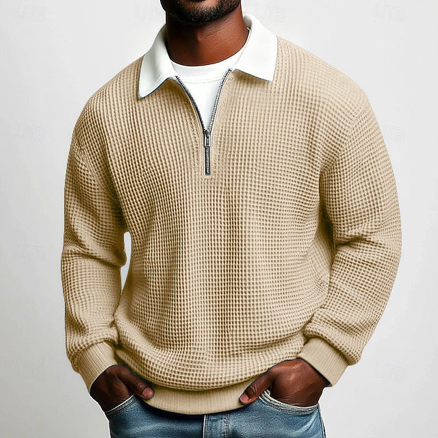 Men's Waffle-Knit Zip-Neck Polo Shirt