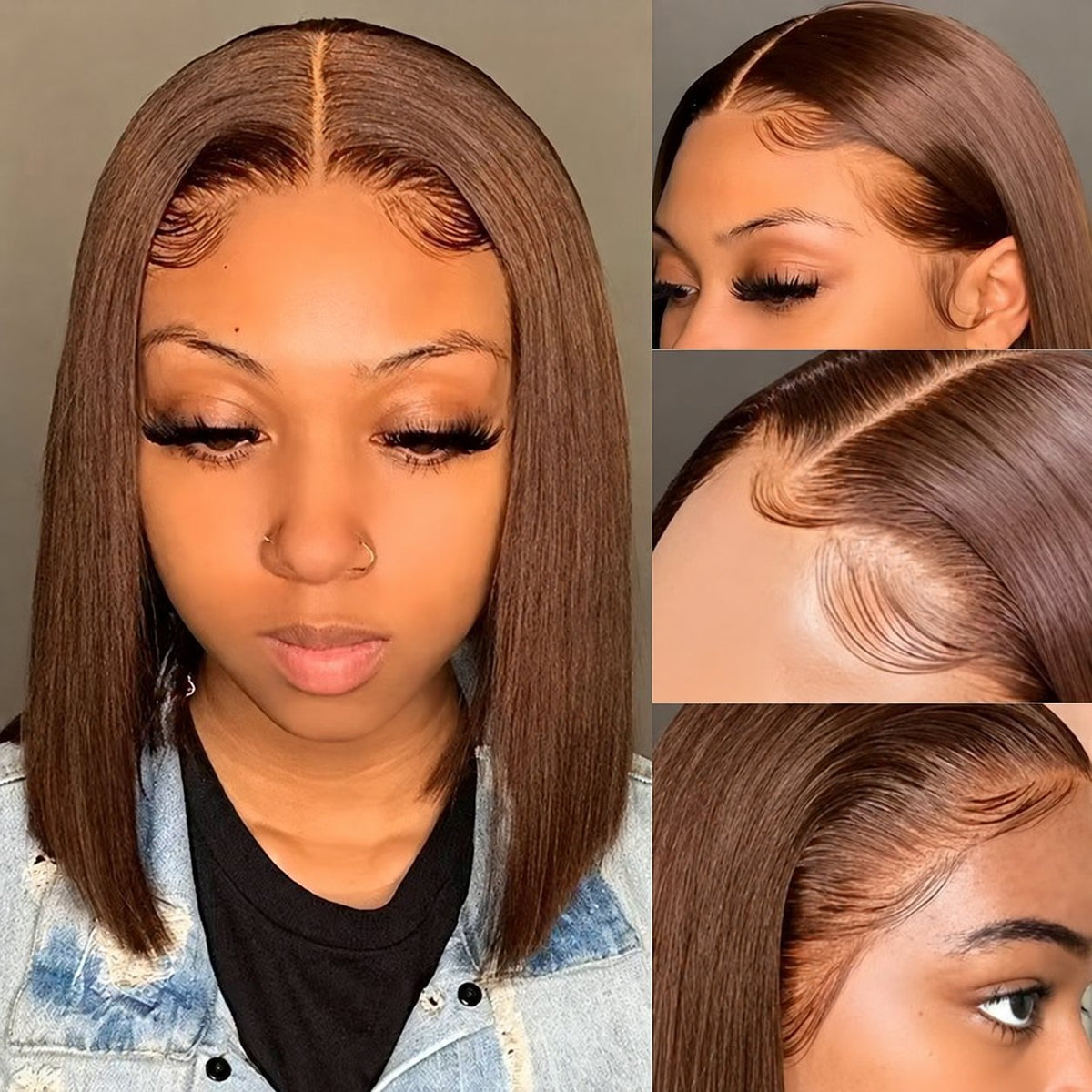 Brown bob wig with centre part and hairline close-up views