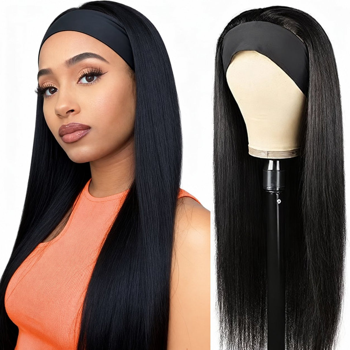 Perruque bandeau longue et lisse noire, 16–34 pouces