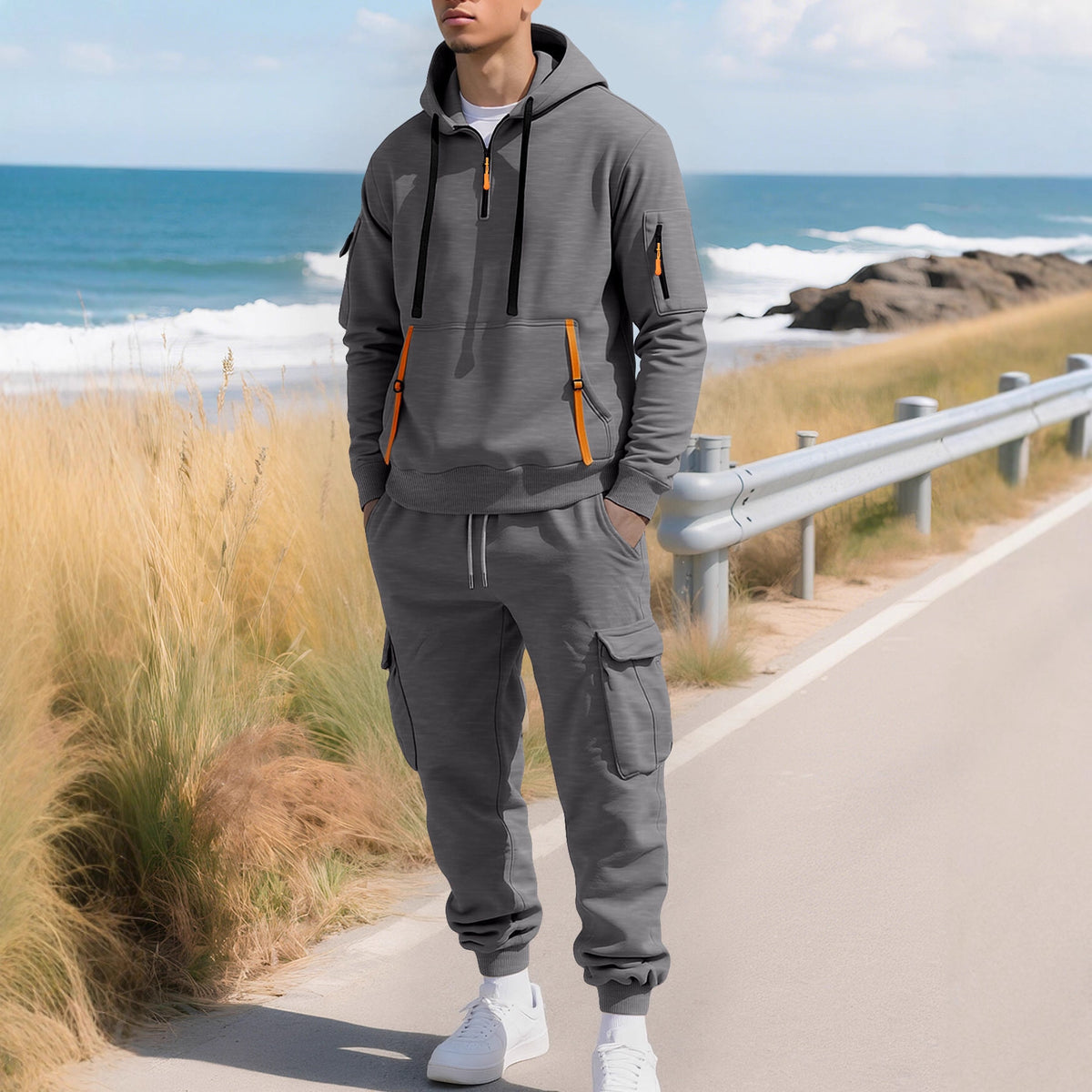 Men's Half-Zip Hoodie and Cargo Joggers Set
