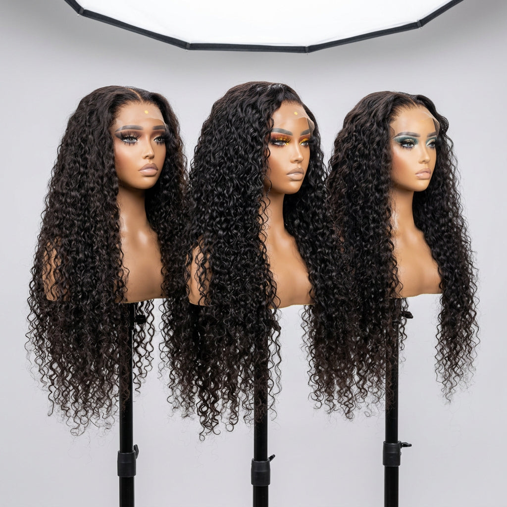 Three mannequin heads wearing long, dark curly wig extensions or full wigs, shown against a dark backdrop. The wigs have deep, glossy black curls with a natural-looking part line on the mannequins.