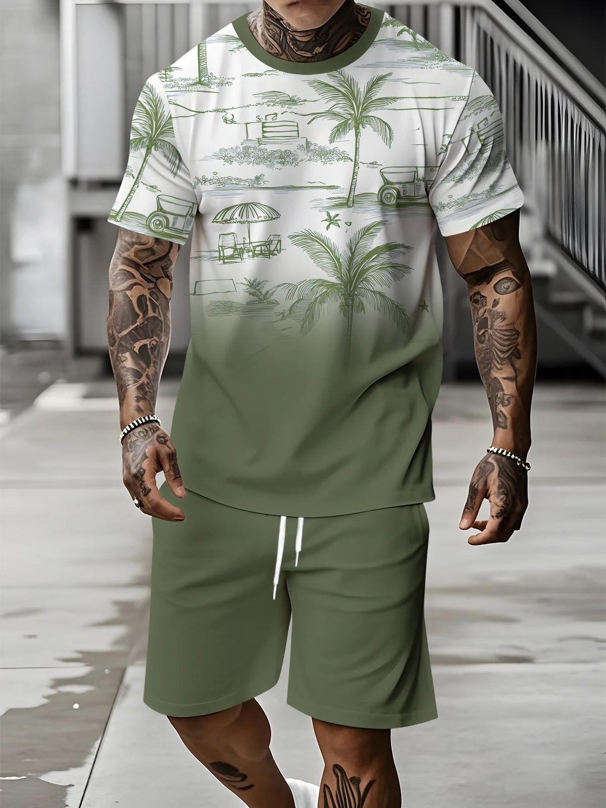 Men's Palm Tree Print Top & Shorts Set