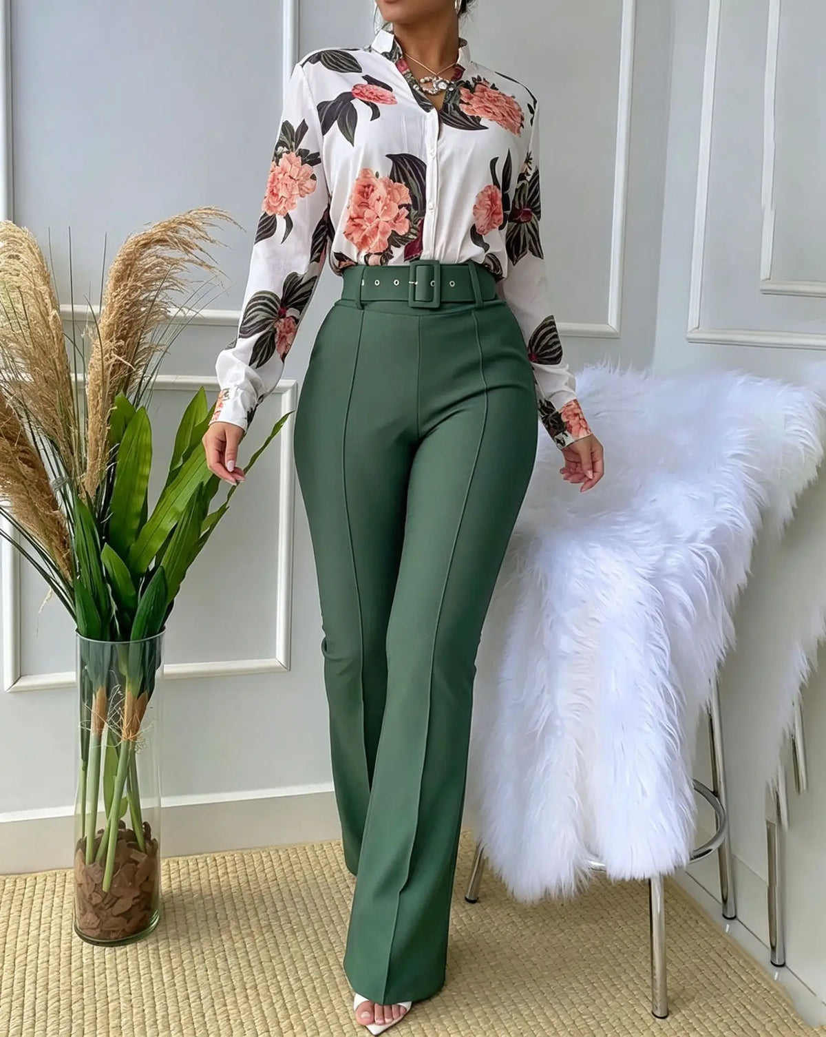 Women's Printed Stand-Collar Shirt & Straight-Leg Pants Set
