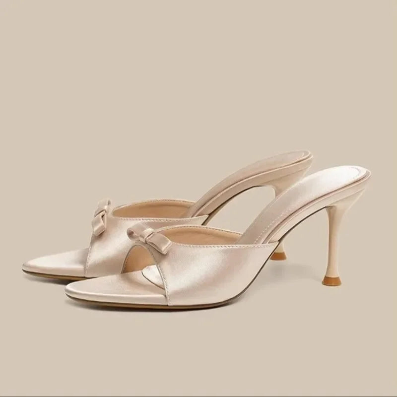 Women's Round-Toe Open-Toe Bow Detail Stiletto Sandals