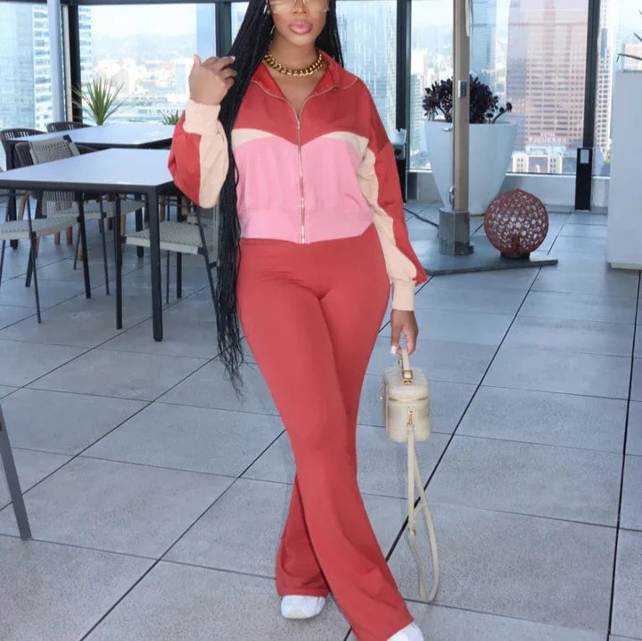 Women's Colour-Block Zip Sweatshirt & Wide-Leg Pants Set