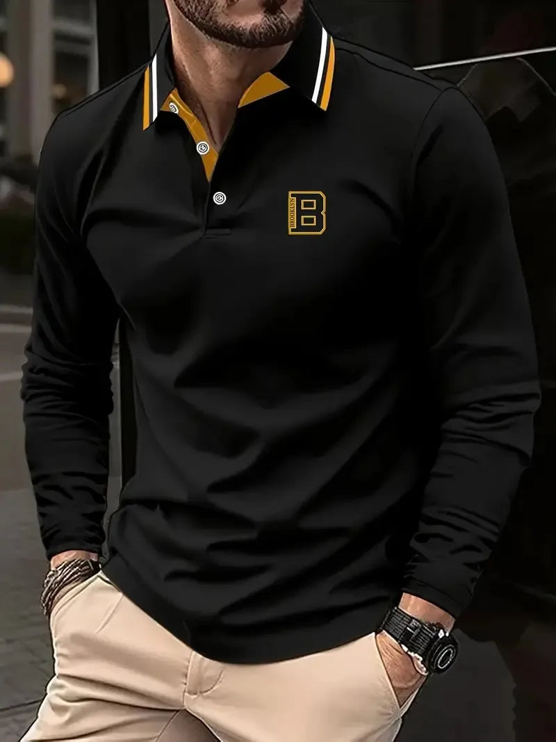 Men's Graphic Print Long-Sleeve Polo Shirt