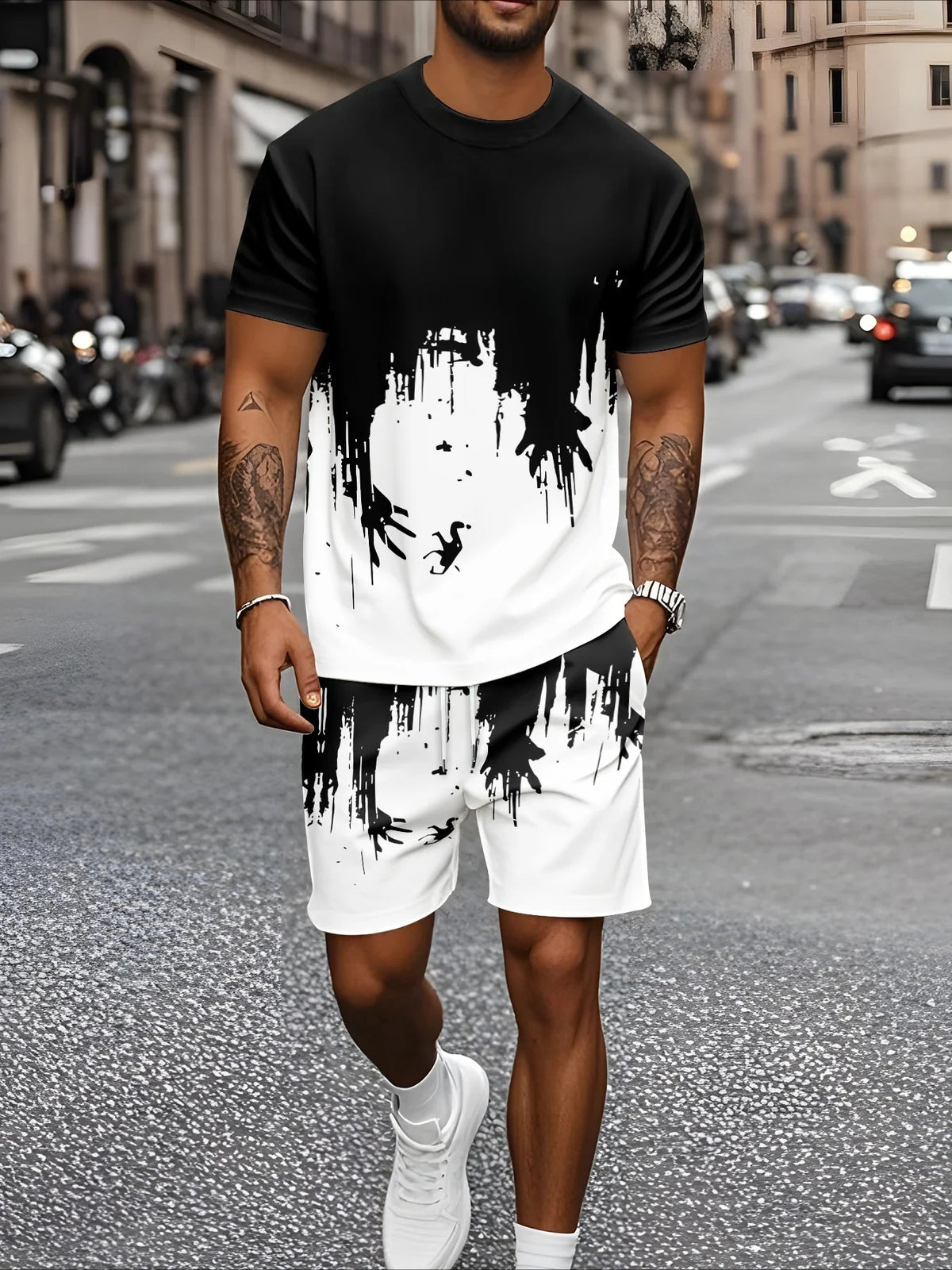 Men's Graphic Print Top & Shorts Set