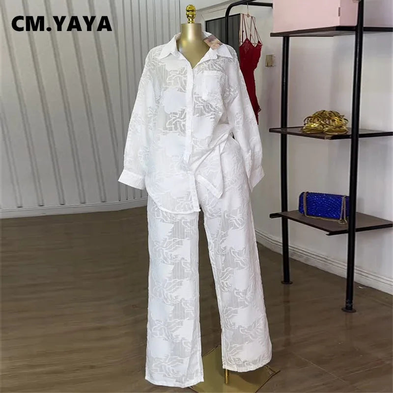 Women's Sheer Shirt & Wide-Leg Pants Set