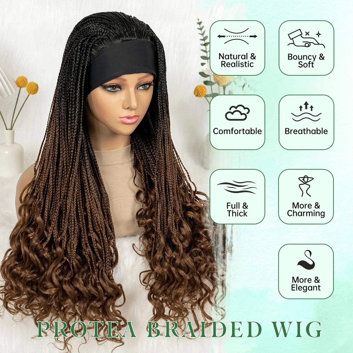 Silk Headband Wig Braided Wig with Curly Ends Headband Wig Knotless - OSASCO
